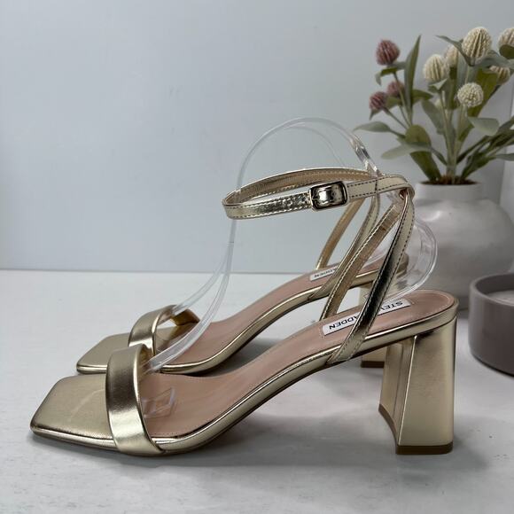 Steve Madden Luxe Block Heel Sandals Ankle Strap Square Toe Gold Women's 11M - Picture 1 of 11